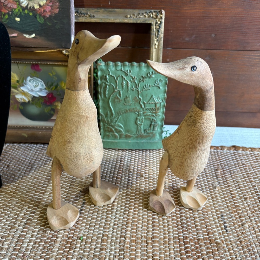 Two Vintage Handmade Carved Wooden Standing Ducks Raw Wood Finish